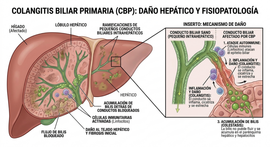 Dibujo del hígado : Colangitis Biliar Primaria : Fisiopatologia