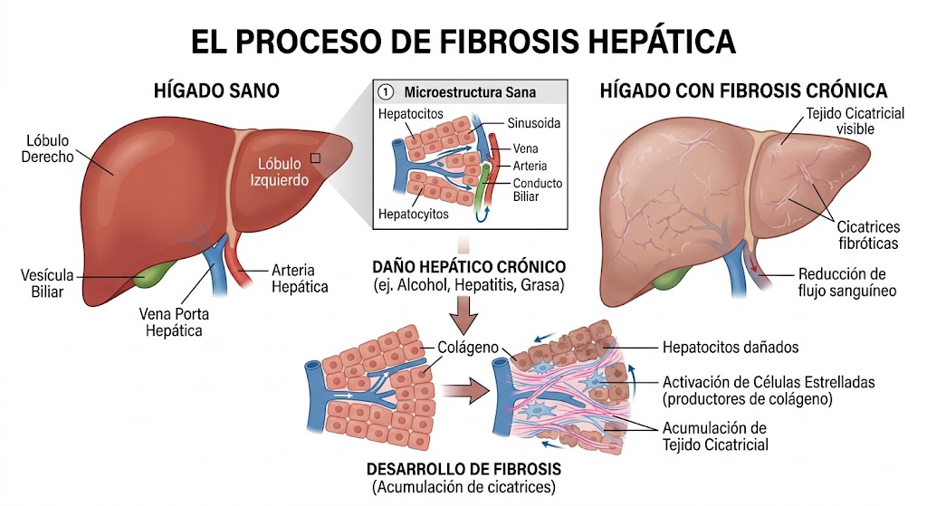 Dibujo del Proceso de la Fibrosis Hepática